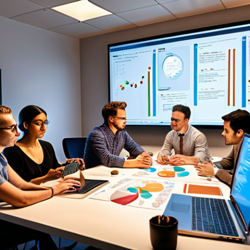 **A diverse team of data scientists, business analysts, AI engineers, and domain experts collaborating around a table covered with data visualizations and code snippets, bathed in warm, inviting office lighting.** (Focus: Teamwork, collaboration, technical expertise)