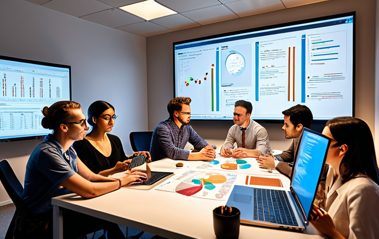 **A diverse team of data scientists, business analysts, AI engineers, and domain experts collaborating around a table covered with data visualizations and code snippets, bathed in warm, inviting office lighting.** (Focus: Teamwork, collaboration, technical expertise)